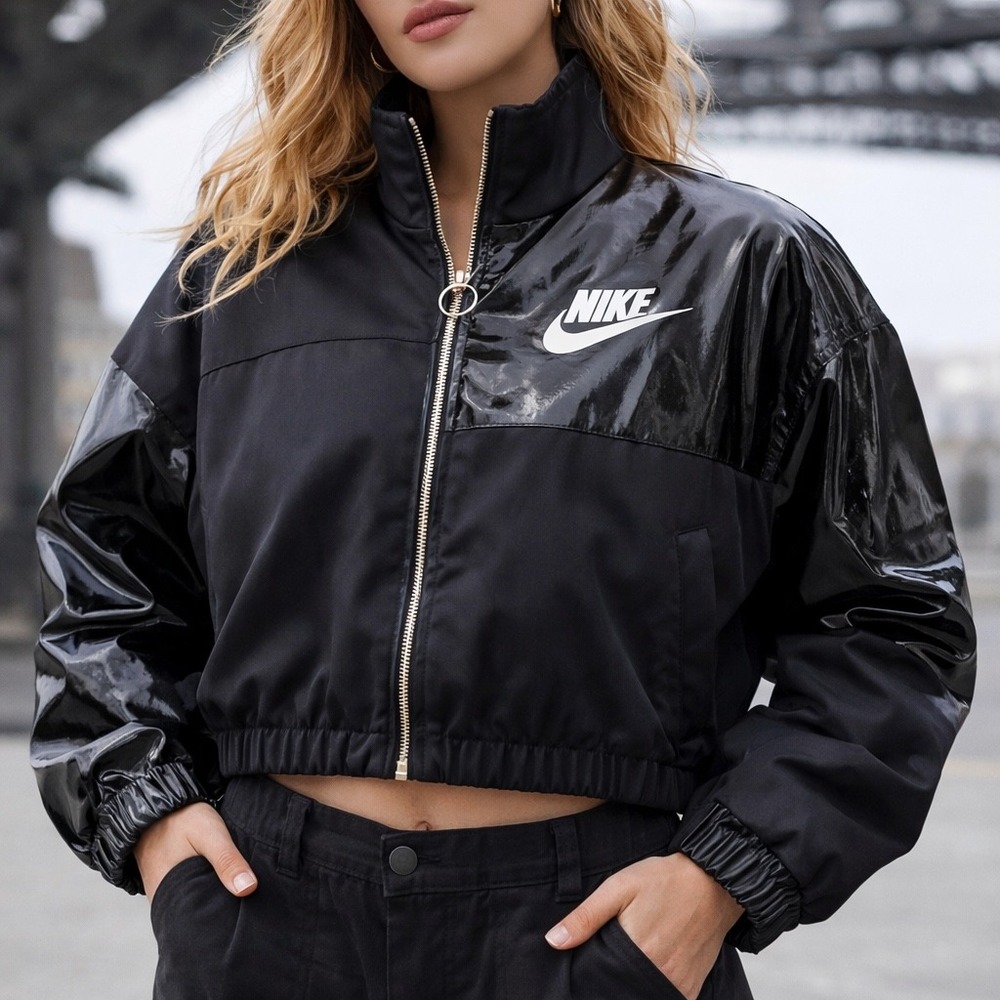 Nike Glossy Panel Bomber Jacket Y2K Streetwear Techwear Black Womens SZ S